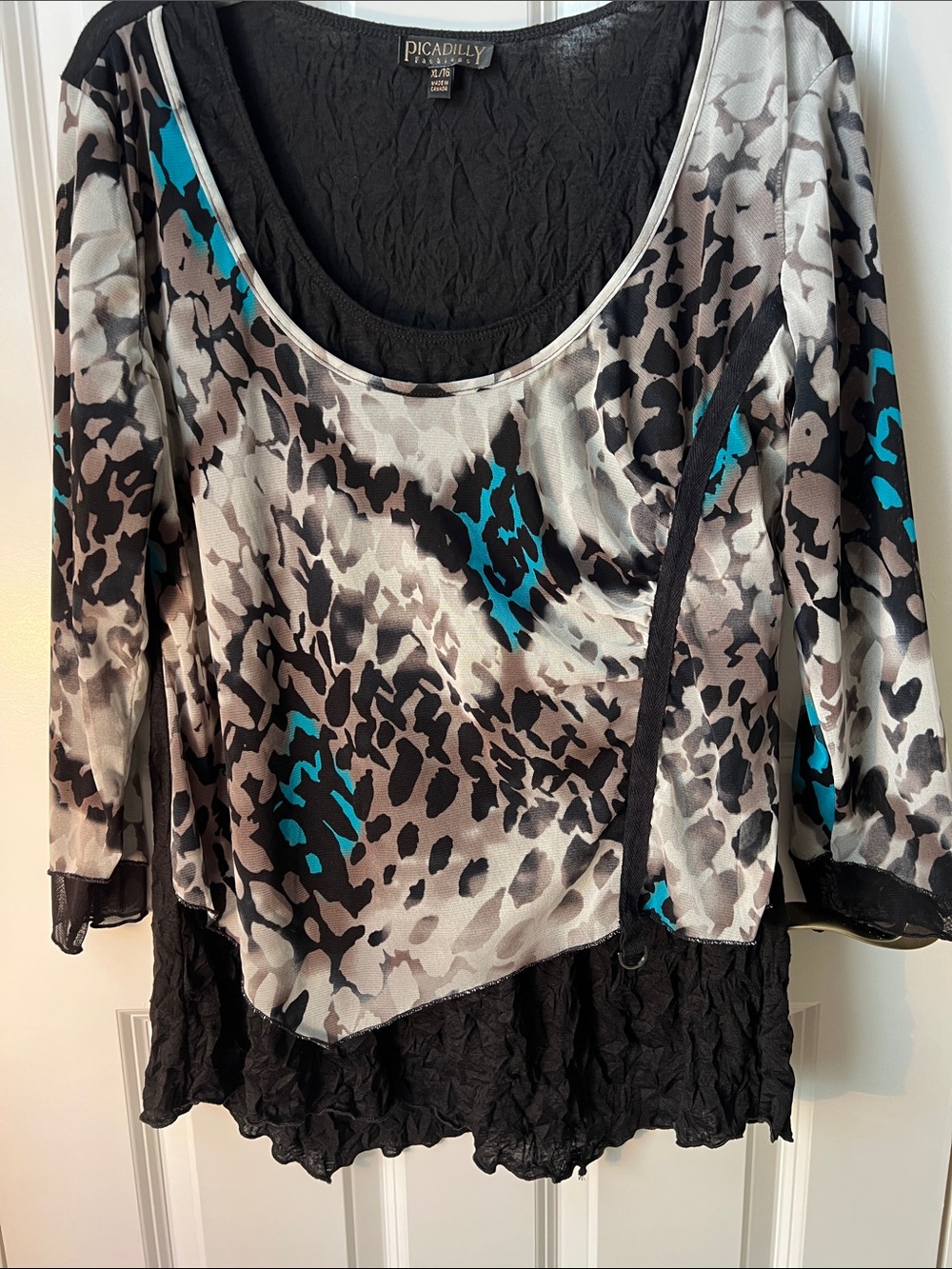 Piccadilly Black Teal and Brown Animal Print Women's layered Top